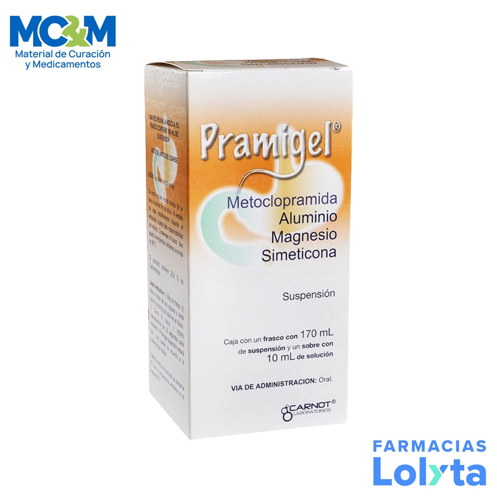 PRAMIGEL SUSPENSION C/170 ML METOCLOPRAMIDA ALUMINIO MAGNESIO SIMETICONA LAB CARNOT