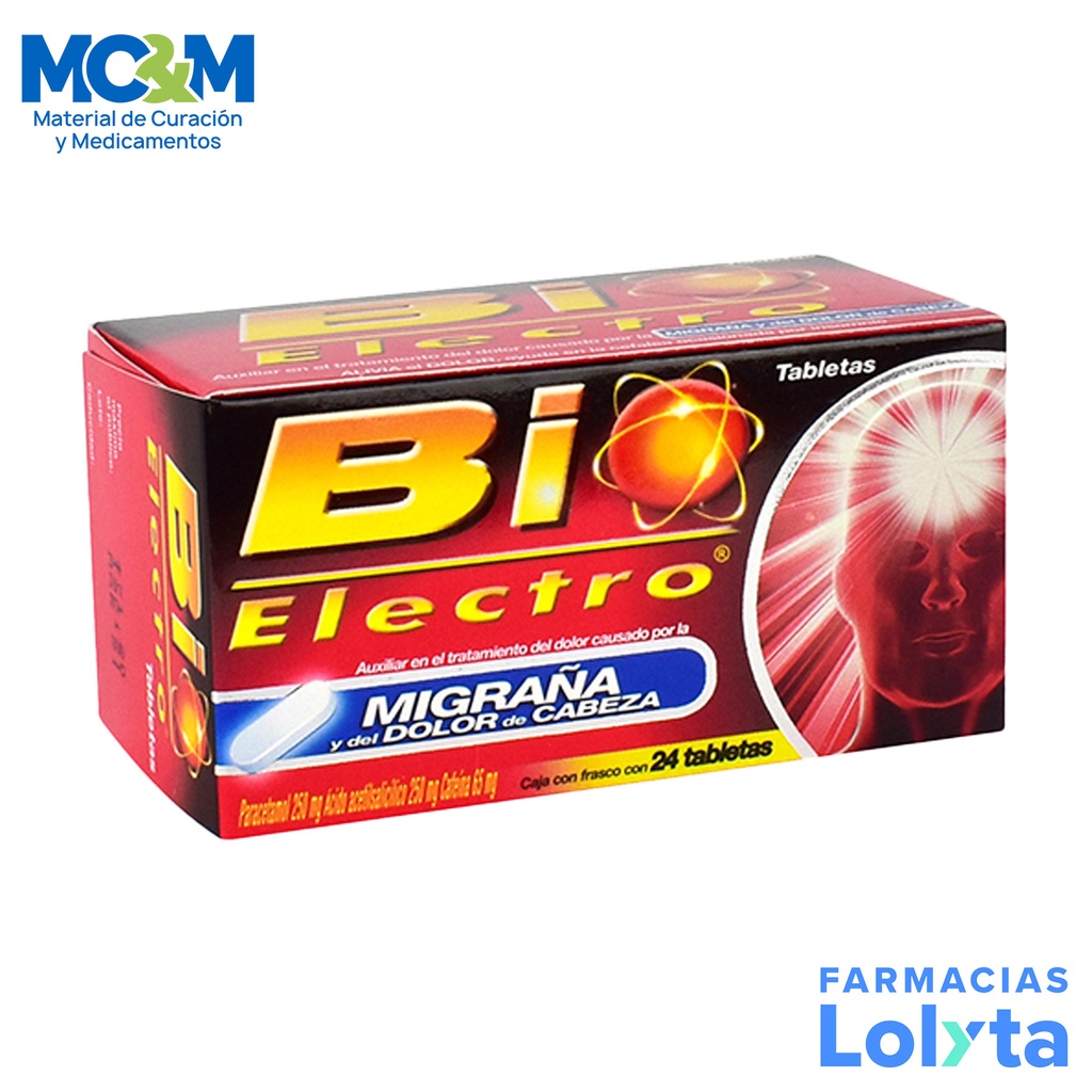 BIO ELECTRO 250/250/65 MG C/24 TAB PARACETAMOL ACIDO ACETILSALICILICO CAFEINA LAB GENOMMA