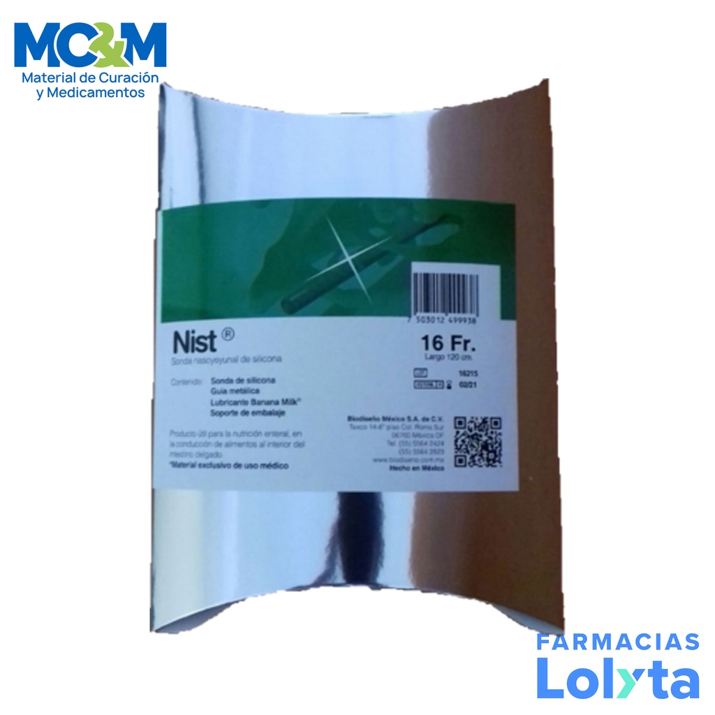 SONDA NASOYEYUNAL 16 FR X 120 CM DE SILICONA PARA ALIMENTACION NIST