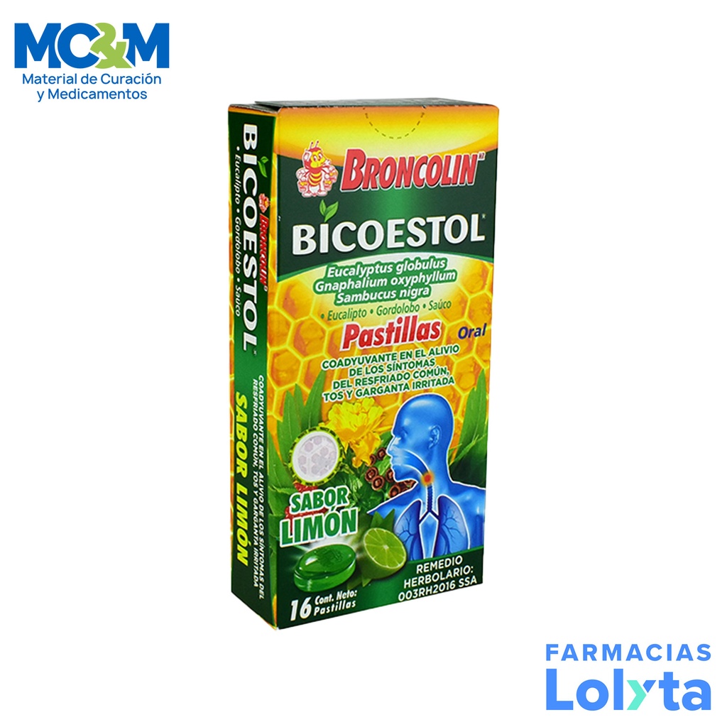 BICOESTOL SABOR LIMON 0.0178/0.0145/0.0105 ML C/16 PASTILLAS EUCALIPTO GORDOLOBO SAUCO LAB BRONCOLIN