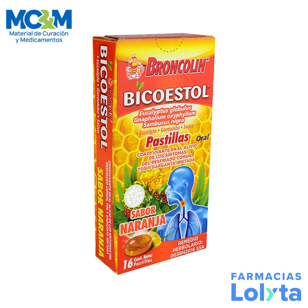 BICOESTOL SABOR NARANJA 0.0178/0.0145/0.0105 ML C/16 PASTILLAS EUCALIPTO GORDOLOBO SAUCO LAB BRONCOLIN