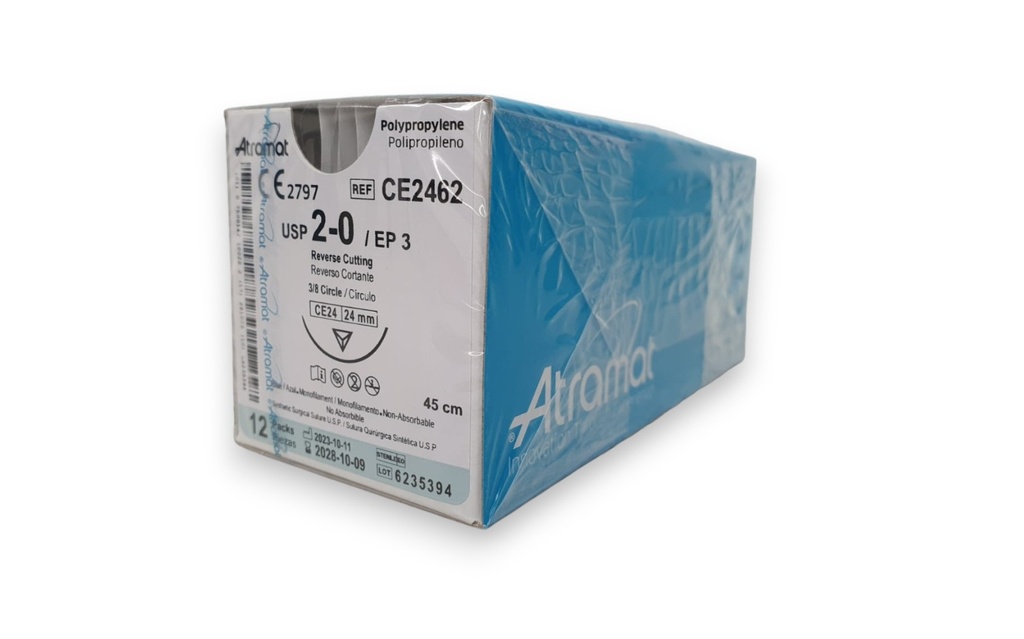 SUTURA POLIPROPILENO 2/0 24 MM 45 CM 3/8 REVERSO CORTANTE C/12 CE2462 ATRAMAT