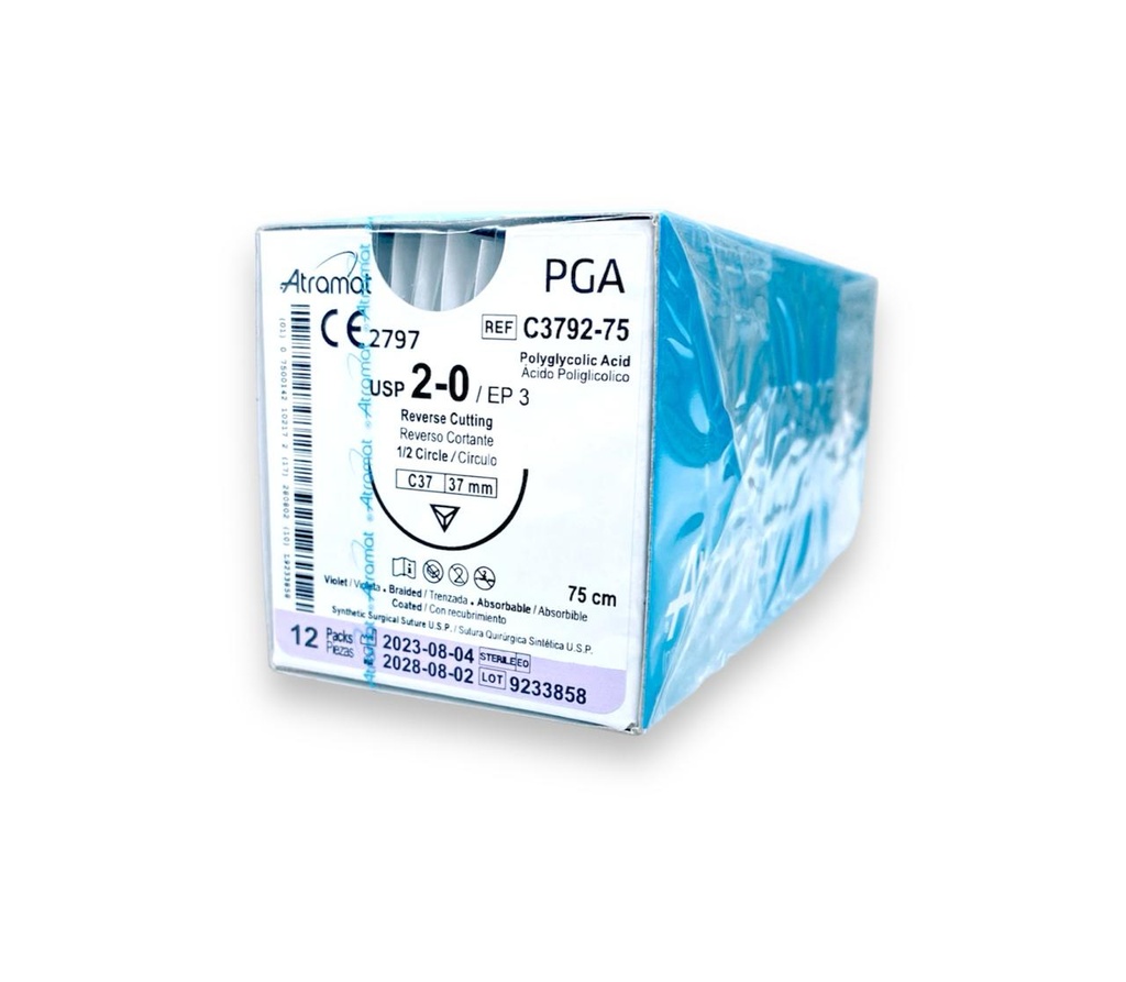 SUTURA ACIDO POLIGLICOLICO 2/0 37 MM 75 CM 1/2 REVERSO CORTANTE C/12 C3792-75 ATRAMAT PGA