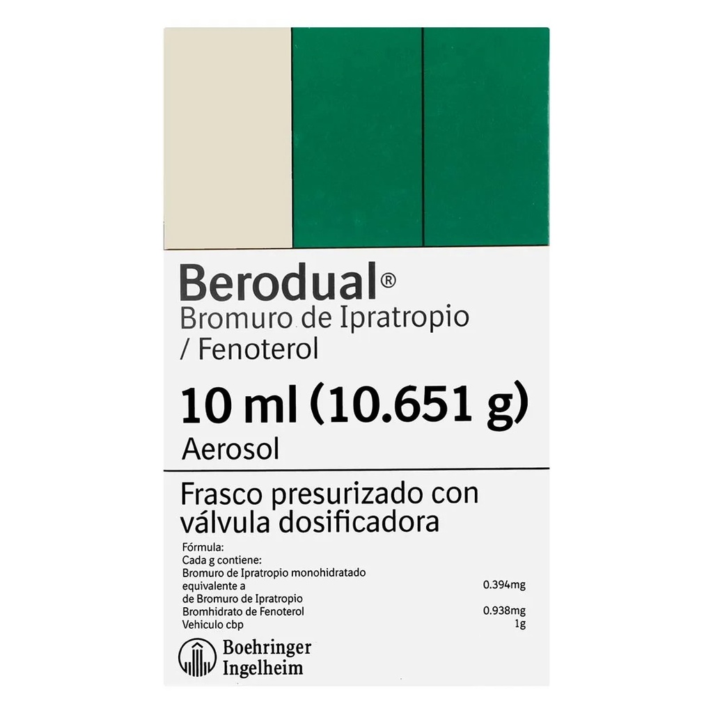 BERODUAL AEROSOL BUCAL 0.394/0.938 MG/G C/10 ML (10.651 G) BROMURO DE IPRATROPIO FENOTEROL LAB BOEHRINGER