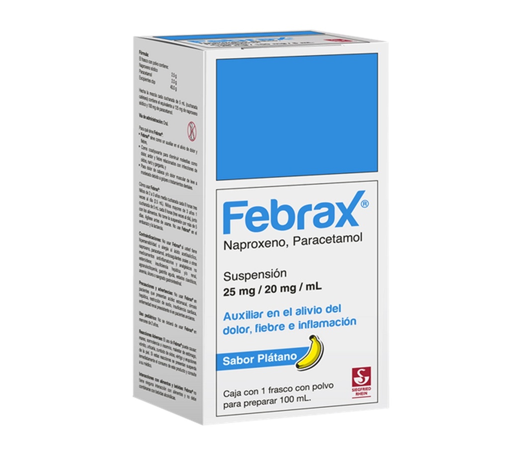FEBRAX SUSP ORAL 25/20 MG/ML FCO C/100 ML SABOR PLATANO NAPROXENO SODICO PARACETAMOL LAB SIEGFRIED RHEIN