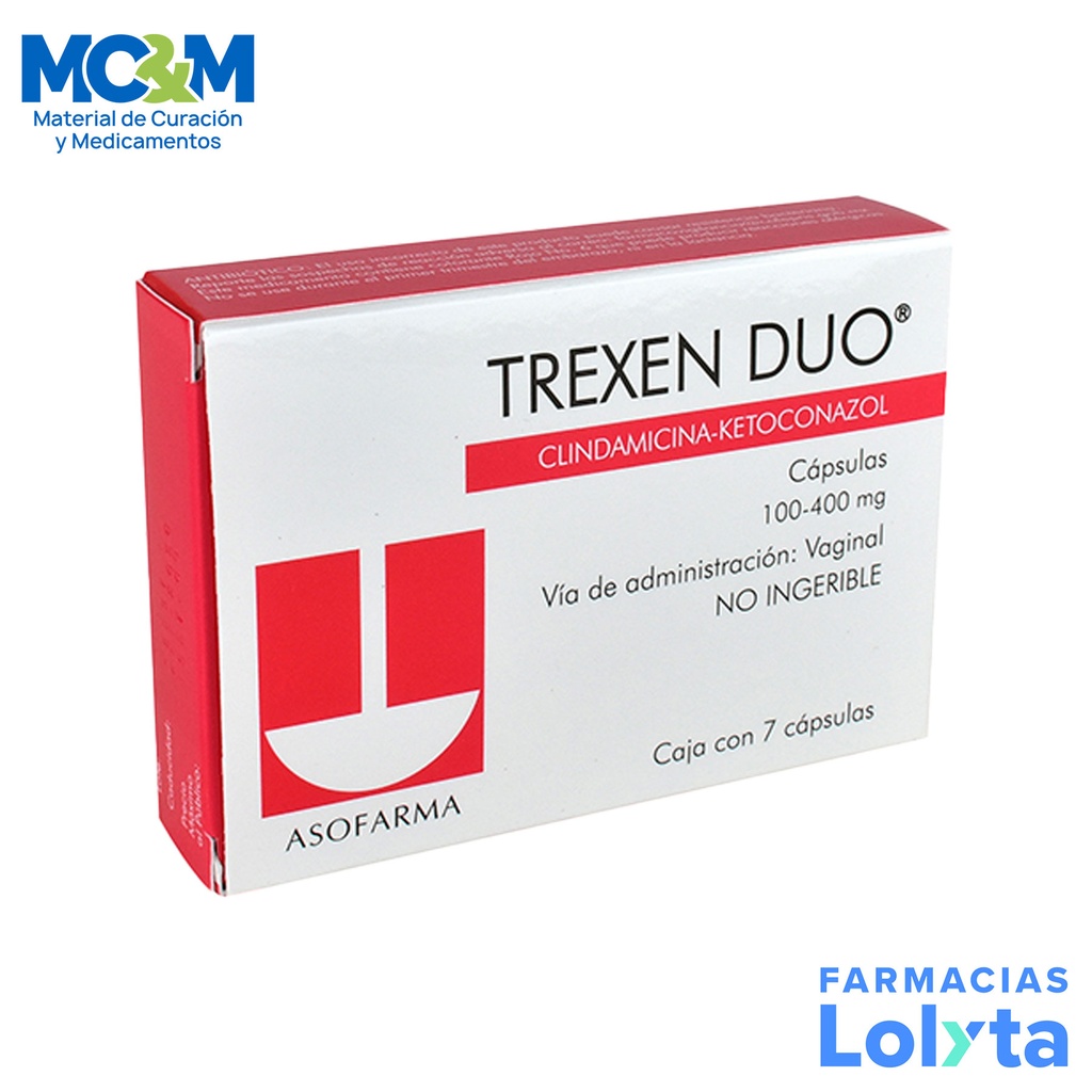 [2525] TREXEN DUO 100/400 MG C/7 CAP VAGINAL CLINDAMICINA KETOCONAZOL LAB ASOFARMA (OVULOS)