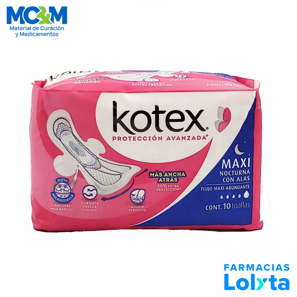 KOTEX MAXI NOCTURNA EXTRA LARGA CON ALAS FLUJO MAXI ABUNDANTE C/10 TOALLAS KIMBERLY CLARK