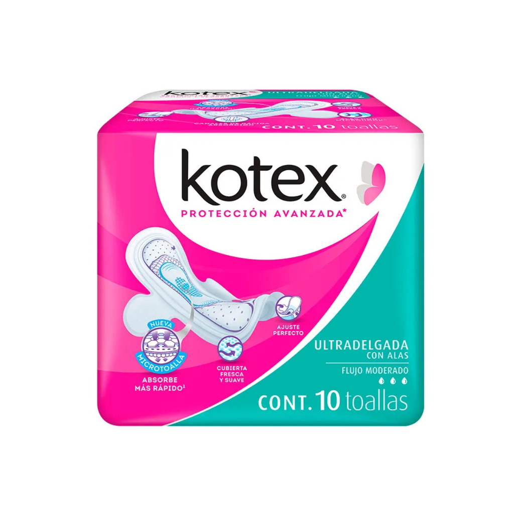 KOTEX SLIM CON ALAS ULTRADELGADA FLUJO MODERADO C/10 TOALLAS (AZUL) KIMBERLY CLARK