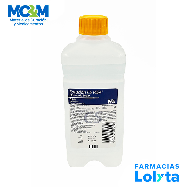 CLORURO DE SODIO 0.9% SOL PARA IRRIGACION 1000 ML TAPA AMARILLA LAB PISA (FISIOLOGICA)