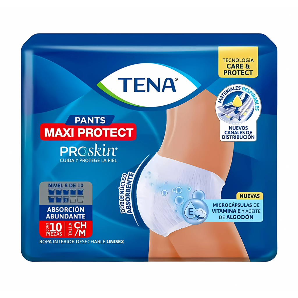 TENA PANTS MAXI PROTECT C/10 PZAS TALLA CHICA/MEDIANA ROPA INTERIOR DESECHABLE LAB ESSITY