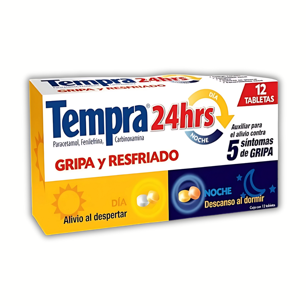 TEMPRA 24 HRS 400/20/4 MG C/12 TAB PARACETAMOL FENILEFRINA CARBINOXAMINA (BLANCA, AMARILLA, NARANJA) LAB LAB RB SALUTE