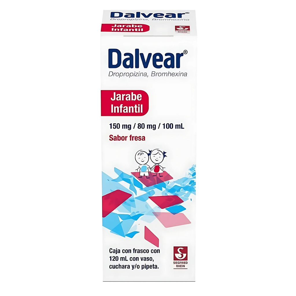 DALVEAR JARABE INFANTIL 150/80 MG/100 ML FCO C/120 ML SABOR FRESA DROPROPIZINA BROMHEXINA LAB SIEGFRIED RHEIN