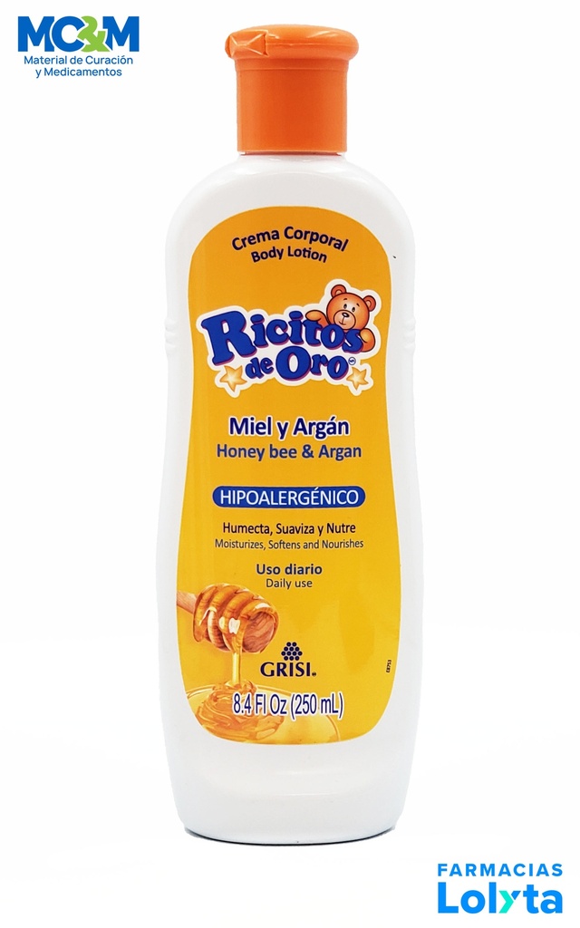 CREMA CORPORAL RICITOS DE ORO MIEL Y ARGAN HIPOALERGENICO C/250 ML