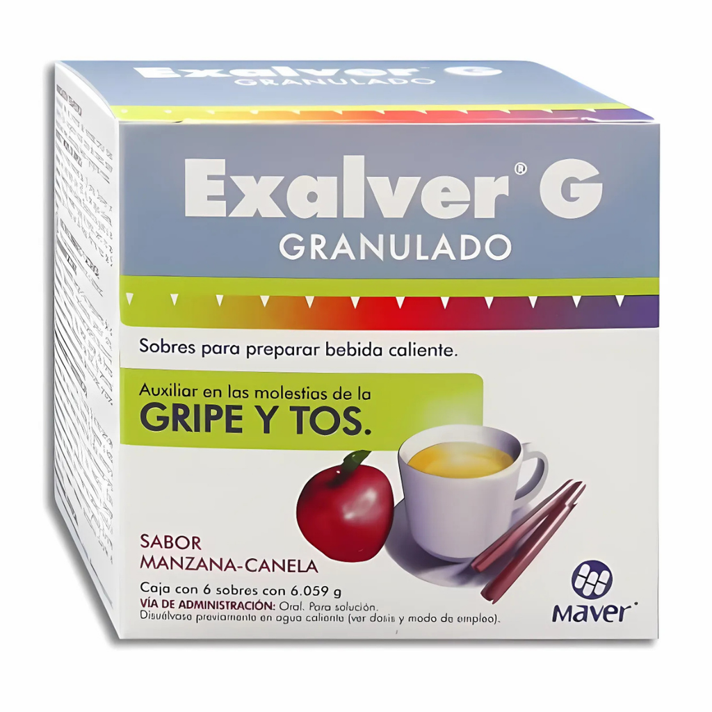 [3952] PARACETAMOL DEXTROMETORFANO FENILEFRINA CLORFENAMINA 650/20/10/4 MG C/6 SOBRES GRANULADO SABOR MANZANA CANELA EXALVER-G LAB MAVER