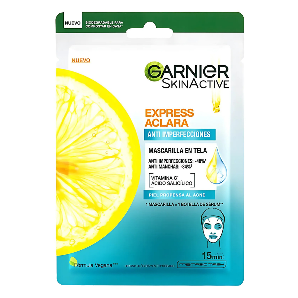 SKIN ACTIVE MASCARILLA EXPRESS ACLARA VITAMINA C ACIDO SALICILICO PIEL PROPENSA AL ACNE GARNIER