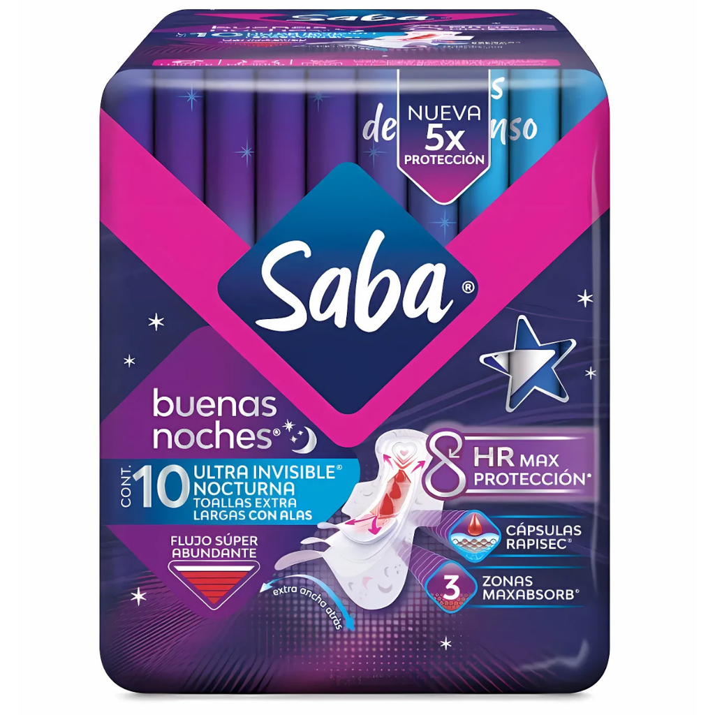 SABA ULTRA INVISIBLE NOCTURNA FLUJO SUPER ABUNDANTE C/10 TOALLAS CON ALAS ESSITY