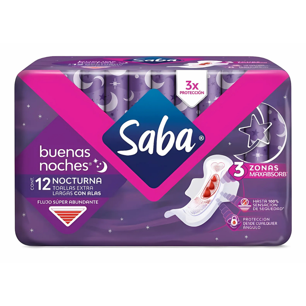 SABA NOCTURNA EXTRA LARGA CON ALAS FLUJO SUPER ABUNDANTE C/12 TOALLAS ESSITY