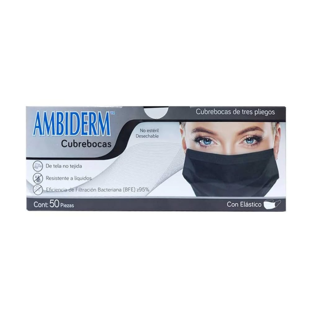 CUBREBOCAS TRES PLIEGOS ELASTICO C/50 PZAS NEGRO NO ESTERIL AMBIDERM