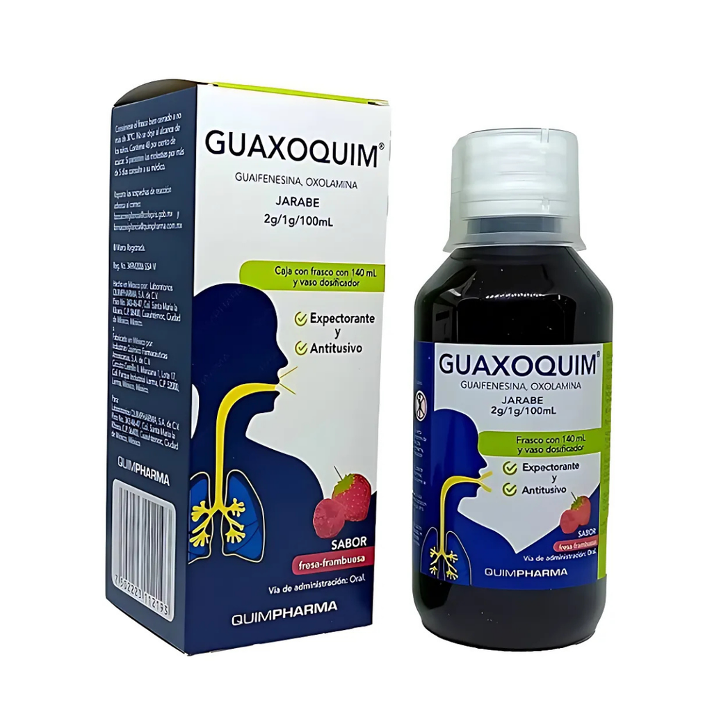 GUAIFENESINA OXOLAMINA JARABE 2/1 G/100 ML FCO C/140 ML SABOR FRESA-FRAMBUESA GUAXOQUIM LAB QUIMPHARMA