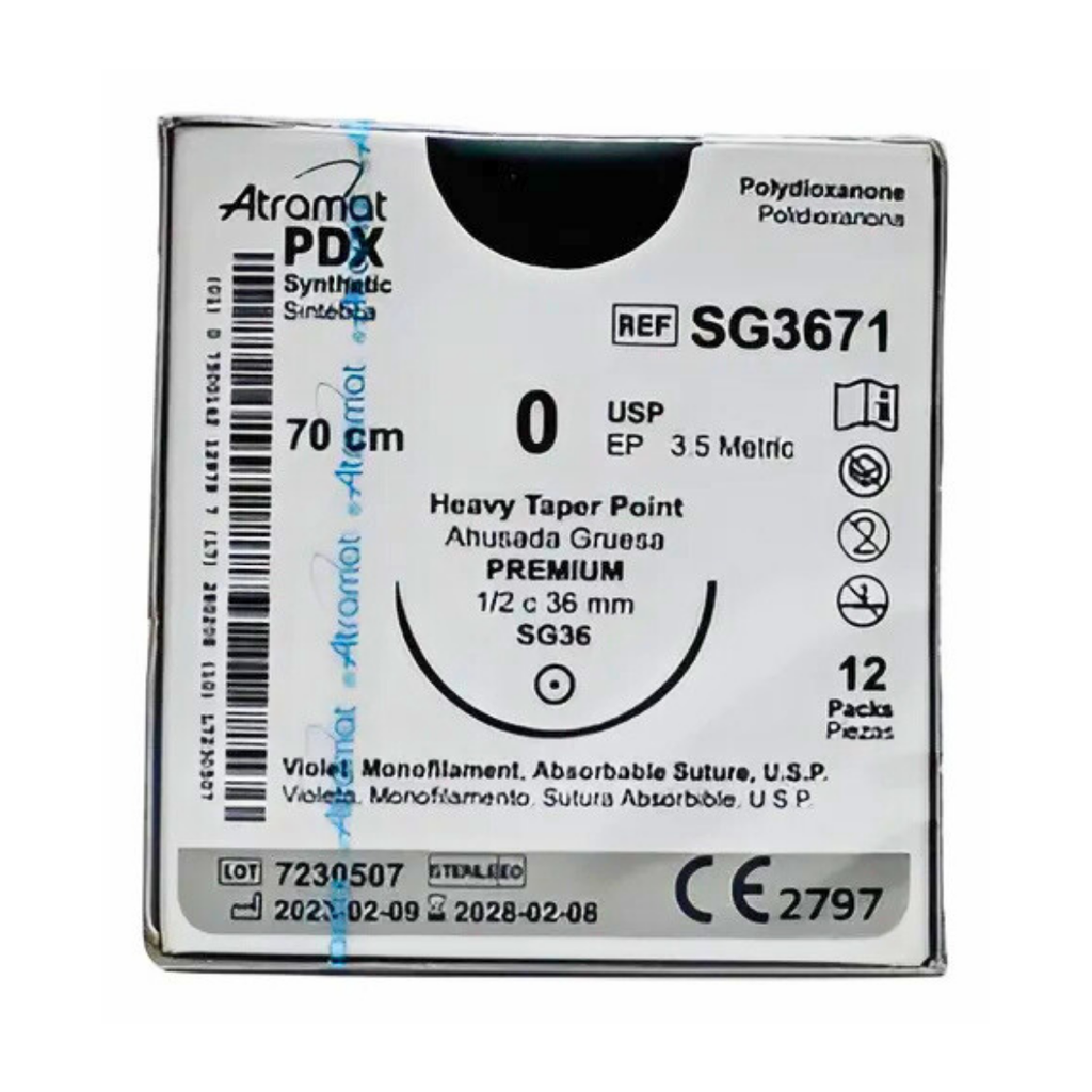 SUTURA POLIDIOXANONA 0 36 MM 70 CM 1/2 AHUSADA GRUESA PREMIUM REDONDA C/12 SG3671 ATRAMAT PDX