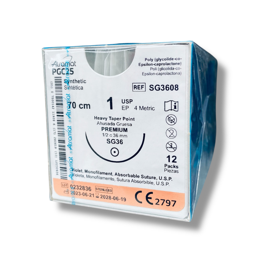 SUTURA POLIGLICOLIDA-CO-EPSILON-CAPROLACTONA 1 36 MM 70 CM 1/2 AHUSADA GRUESA PREMIUM REDONDA C/12 SG3608 ATRAMAT PGC25 (MONOCRYL J&J)