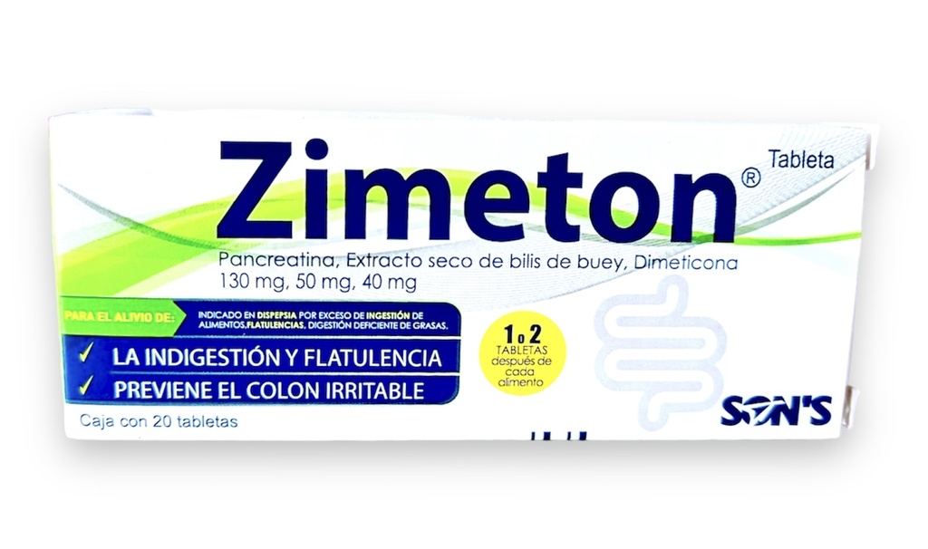 PANCREATINA EXTRACTO SECO DE BILIS DE BUEY DIMETICONA 130/50/40 MG C/20 TAB ZIMETON LAB SONS