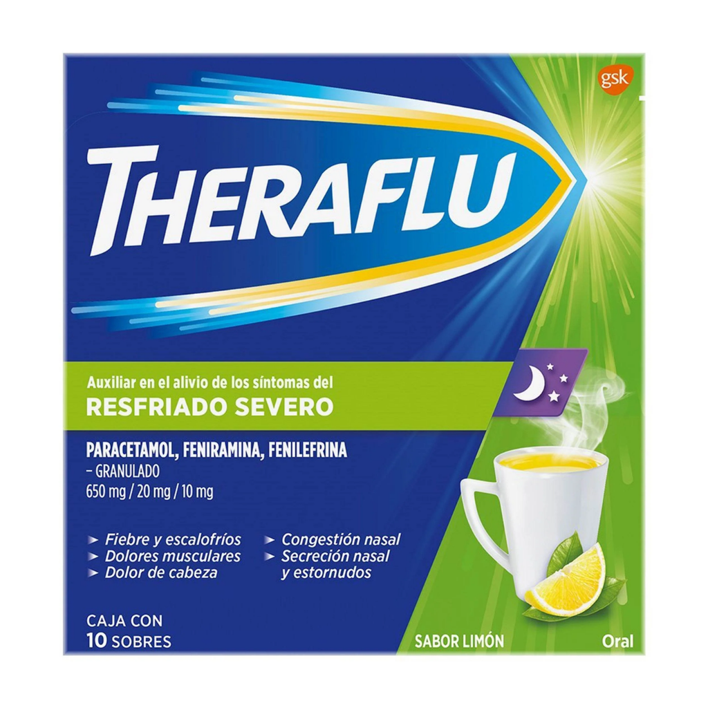 THERAFLU RESFRIADO SEVERO 650/20/10 MG C/10 SOBRES GRANULADO SABOR LIMON PARACETAMOL FENIRAMINA FENILEFRINA LAB HALEON