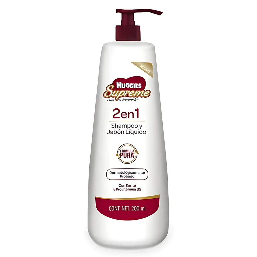 SHAMPOO Y JABON LIQUIDO 200 ML CON KARITE Y PROVITAMINA B5 HUGGIES SUPREME 2 EN 1 KIMBERLY-CLARK