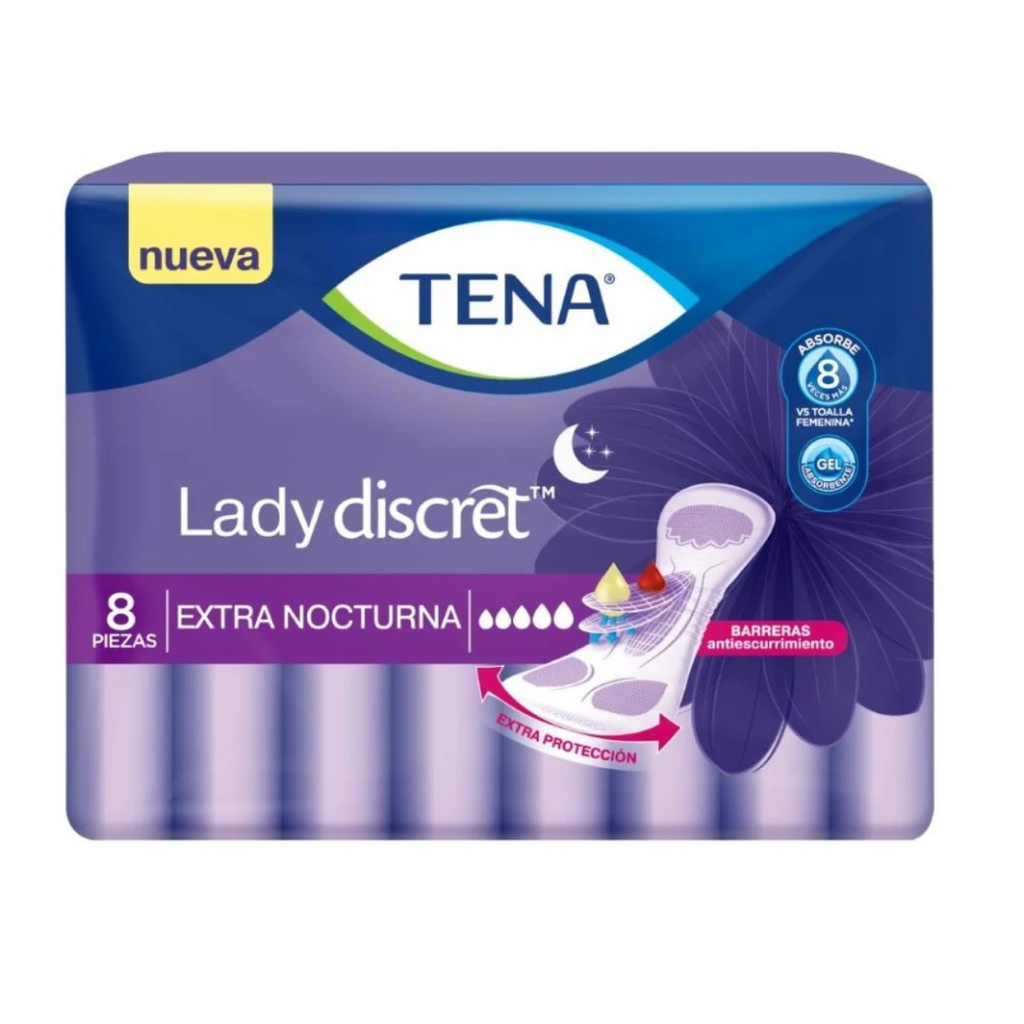 TENA LADY DISCRET EXTRA NOCTURNA C/8 PZAS TOALLAS PARA GOTEOS SUPER ABUNDANTES LAB ESSITY