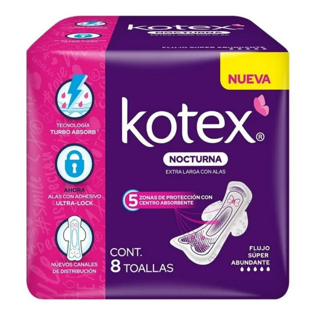 KOTEX NOCTURNA EXTRA LARGA CON ALAS FLUJO SUPER ABUNDANTE C/8 TOALLAS KIMBERLY CLARK