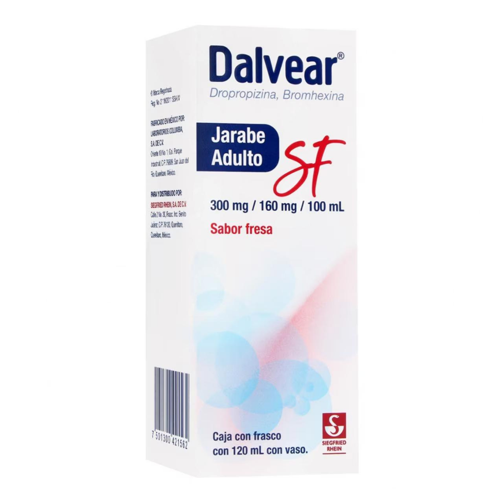 DALVEAR SF JARABE ADULTO 300/160 MG/100 ML FCO C/120 ML SABOR FRESA DROPROPIZINA BROMHEXINA LAB SIEGFRIED RHEIN