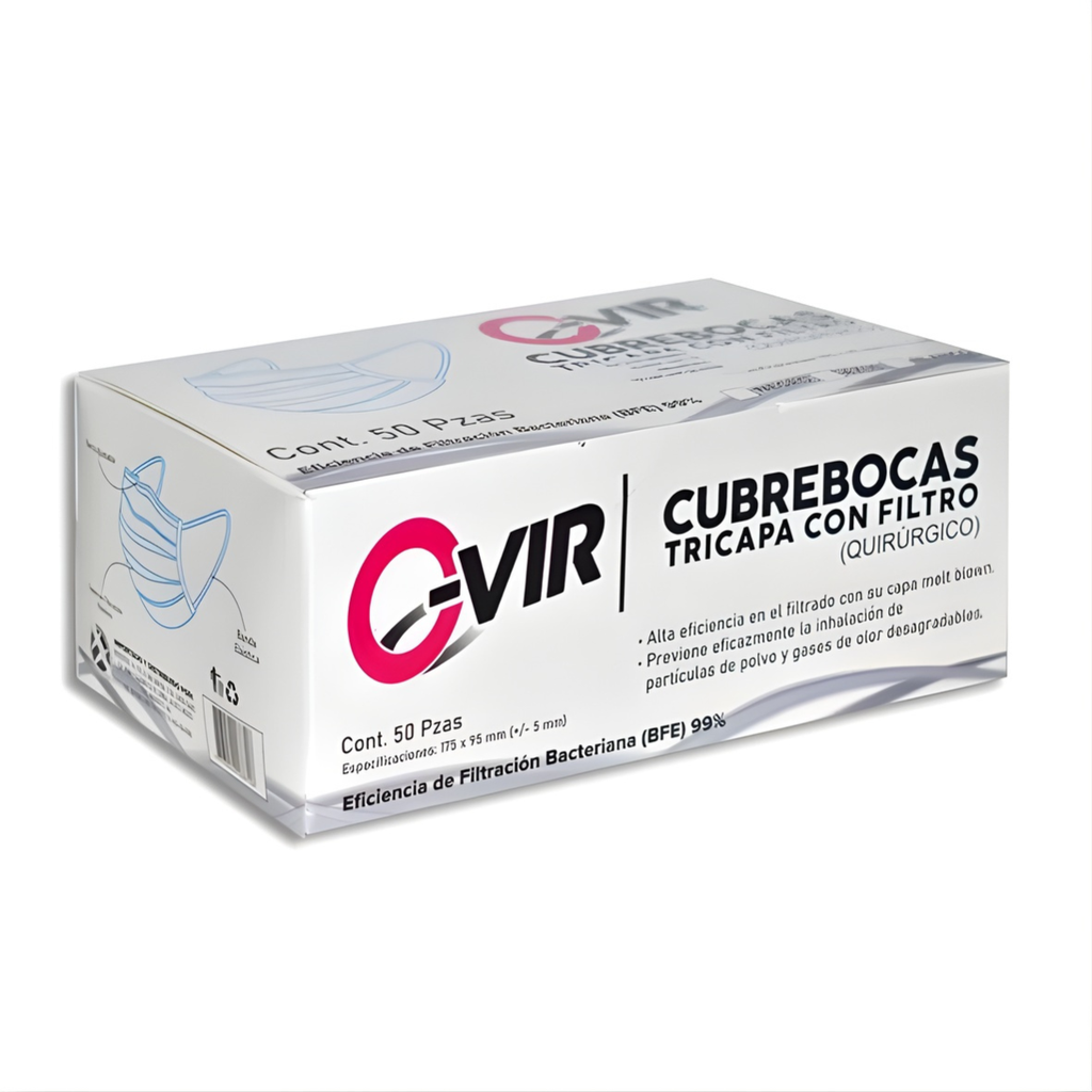 CUBREBOCAS TRICAPA CON FILTRO (QUIRURGICO) C/50 PZAS O-VIR