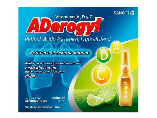 [1307] ADEROGYL SOL ORAL 3.3/499.65/0.03 MG/3 ML C/5 AMP RETINOL ACIDO ASCORBICO ERGOCALCIFEROL LAB SANOFI AVENTIS