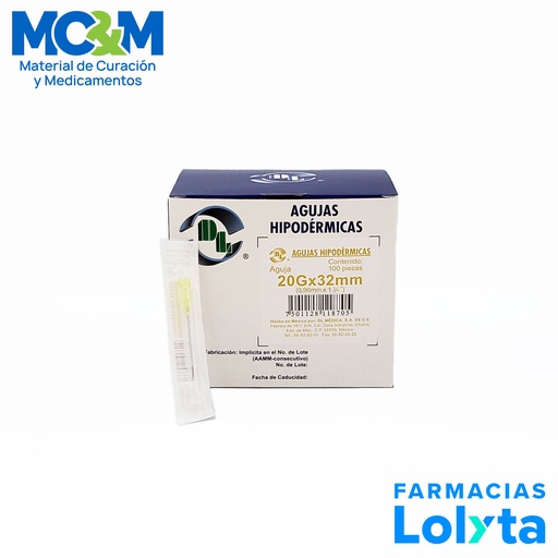 [3506] AGUJA HIPODERMICA 20G X 32 MM C/100 AMARILLA DENTILAB