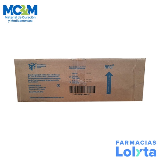 [4160] BOLSA PAPEL GRADO MEDICO 7.5 X 48 X 4 CM C/1000 PZAS P/ESTERILIZAR PMG