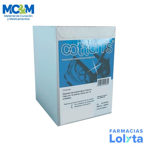 [284] COTONOIDE 60 X 70 MM C/10 PZAS ESPONJA NEUROQUIRURGICA CON MARCA RADIOPACA REF B005155 COTTONS