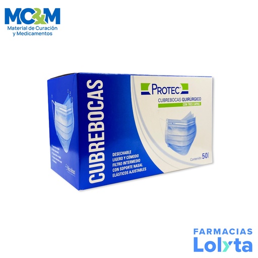 [291] CUBREBOCAS QUIRURGICO TRES CAPAS ELASTICO C/50 PZAS NO ESTERIL PROTEC DEGASA 0822000