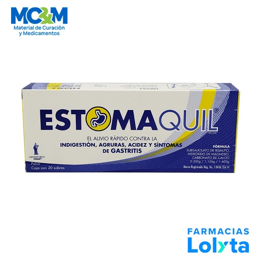 [1026] ESTOMAQUIL POLVO 0.300/1.100/1.600 G C/20 SOBRES SUBSALICILATO DE BISMUTO HIDROXIDO DE MAGNESIO CARBONATO DE CALCIO LAB HIGIA
