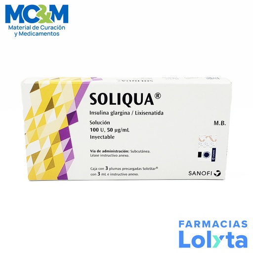 [1192] INSULINA SOLIQUA SOL INY 100/50MCG/ML INSULINA GLARGINA LIXISENATIDA C/3 PZ LAB SANOFI (RF)
