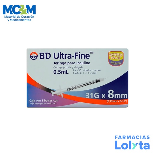 [496] JERINGA PARA INSULINA 0.5 ML 31GX8MM C/30 PZAS ULTRA FINE PLASTIPAK BD