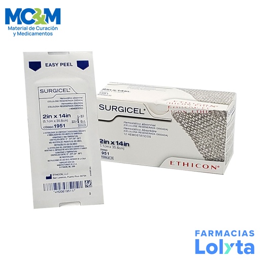 [3800] SURGICEL 5.1 X 35.6 CM (2X14”) HEMOSTATICO ABSORBIBLE (CELULOSA REGENERADA OXIDADA) REF 1951 ETHICON J&J