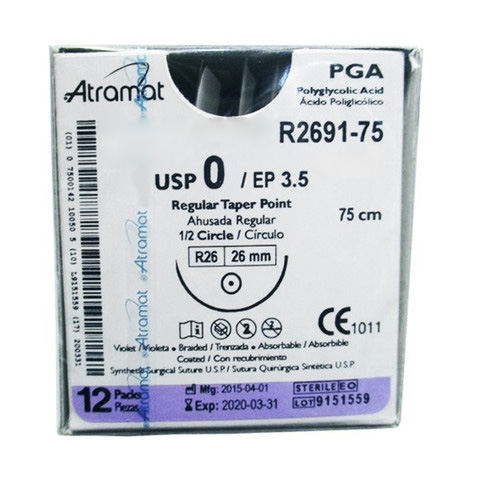 [774] SUTURA ACIDO POLIGLICOLICO 0 26 MM 75 CM 1/2 AHUSADA REGULAR REDONDA C/12 R2691-75 ATRAMAT PGA