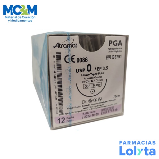 [2881] SUTURA ACIDO POLIGLICOLICO 0 37 MM 70 CM 1/2 AHUSADA GRUESA REDONDA C/12 G3791 ATRAMAT PGA