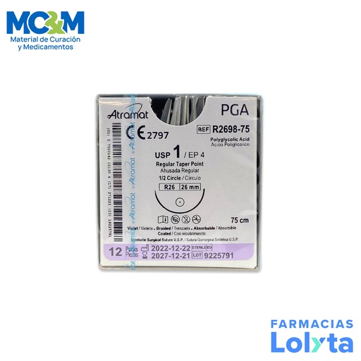 [776] SUTURA ACIDO POLIGLICOLICO 1 26 MM 75 CM 1/2 AHUSADA REGULAR REDONDA C/12 R2698-75 ATRAMAT PGA