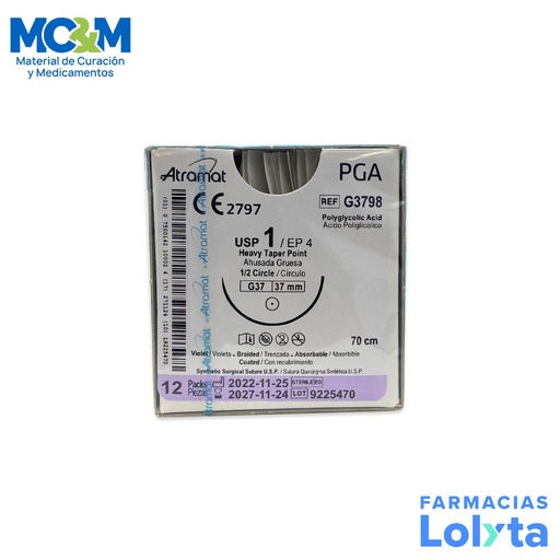 [2884] SUTURA ACIDO POLIGLICOLICO 1 37,36 MM 70 CM 1/2 AHUSADA GRUESA REDONDA C/12 G3798 ATRAMAT PGA