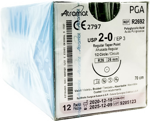 [996] SUTURA ACIDO POLIGLICOLICO 2/0 26 MM 70 CM 1/2 AHUSADA REGULAR REDONDA C/12 R2692 ATRAMAT PGA