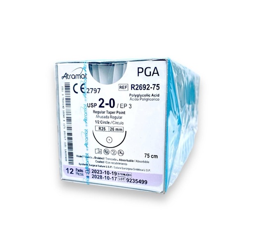 [2885] SUTURA ACIDO POLIGLICOLICO 2/0 26 MM 75 CM 1/2 AHUSADA REGULAR REDONDA C/12 R2692-75 ATRAMAT PGA
