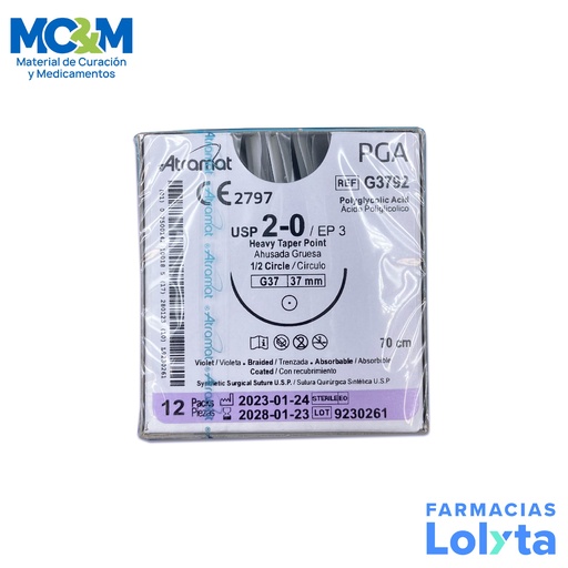 [995] SUTURA ACIDO POLIGLICOLICO 2/0 37,36 MM 70 CM 1/2 AHUSADA GRUESA REDONDA C/12 G3792 ATRAMAT PGA