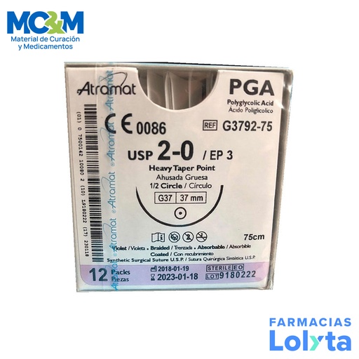 [2887] SUTURA ACIDO POLIGLICOLICO 2/0 37 MM 75 CM 1/2 AHUSADA GRUESA REDONDA C/12 G3792-75 ATRAMAT PGA