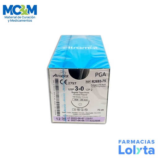 [787] SUTURA ACIDO POLIGLICOLICO 3/0 26 MM 75 CM 1/2 AHUSADA REGULAR REDONDA C/12 R2693-75 ATRAMAT PGA